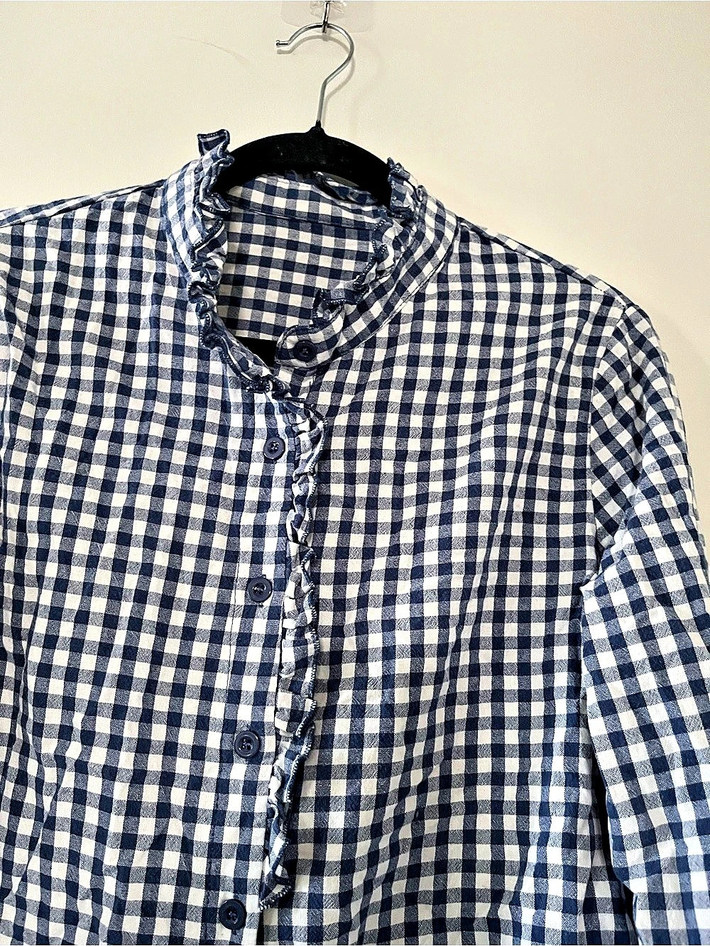 100% Cotton Blue White Gingham Ruffle Button Up Shirt Medium Cottagecore Western - Picture 3 of 7